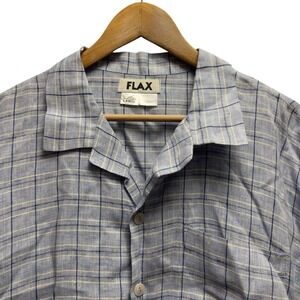 Flax Mens Sz Large Relaxed Blue/Yellow Linen Windowpane Plaid Button Front Shirt